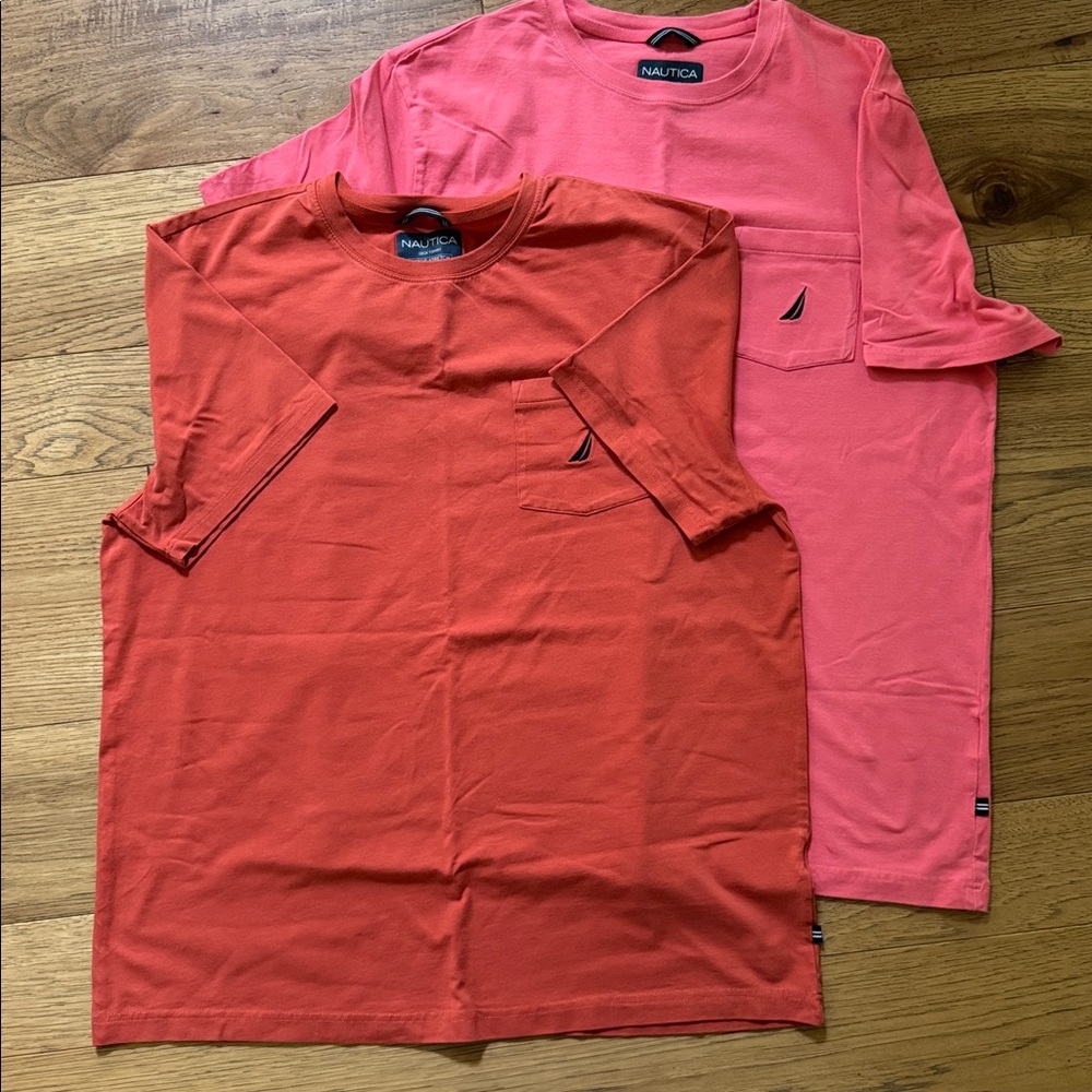 😊 2 Nautica Men’s Coral Pink Crewneck Pocket Tee